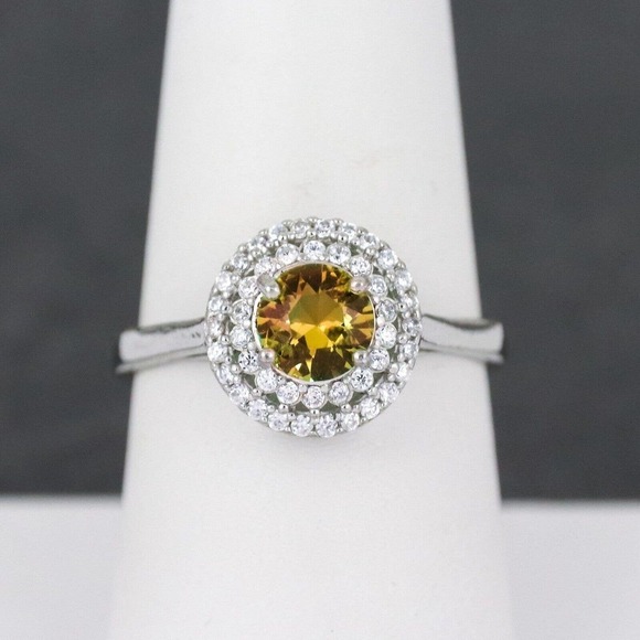 Estate Jewelry - Estate Sterling Silver 925 Simulated Champagne Gemstone Double Halo Ring Sz 7.5